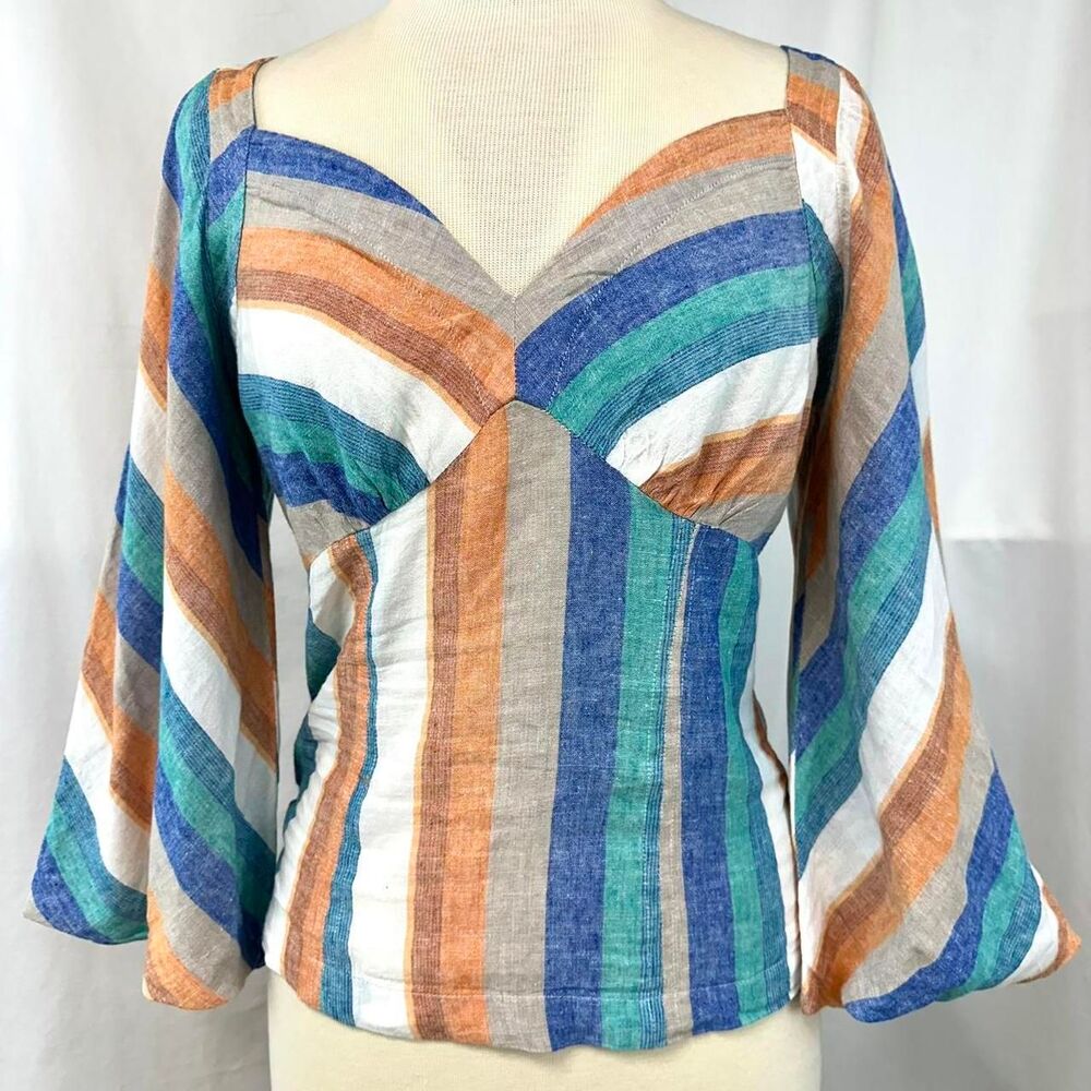 NEW YORK & COMPANY Rainbow Linen Striped Babydoll Top Womens XSโ Retro Bohemian